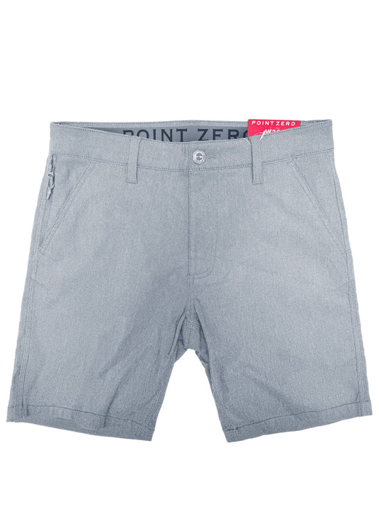 Point Zero Mens Super Flex Bermuda Short in light grey offers comfort with stretch fabric, side pockets, a left zippered pocket, button closure, and a red Point Zero tag on the waistband.