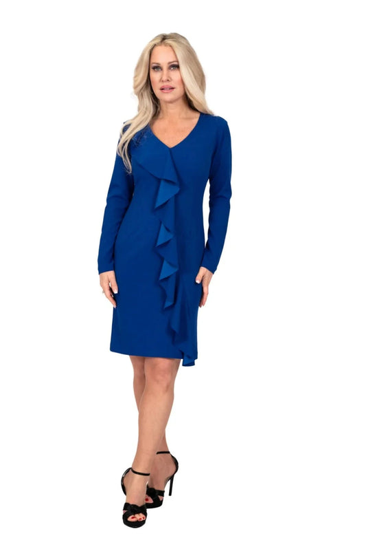 Showcasing modern elegance, the Emma Dress by Shannon Passero features long sleeves, knee-length blue fabric with ruffle detail, styled with black high-heeled sandals and highlighting refined Canadian craftsmanship against a white background.