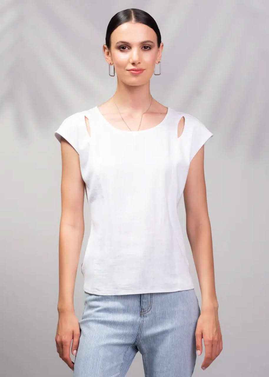Someone in Alison Sheri's light green Cap Sleeve Linen Rib Top and breezy white pants poses against a blurred background.