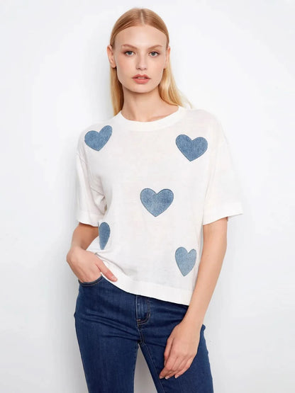Short Sleeve Denim Hearts Sweater
