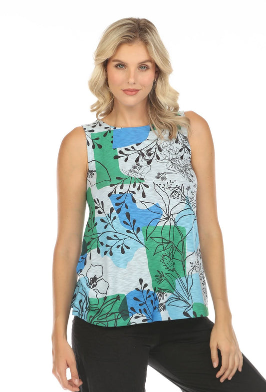 A woman models the Inoah Sleeveless Crew Neck Tank Top with a blue, green, and white floral pattern, standing against a white background.