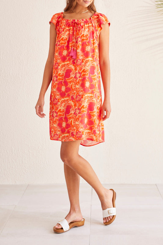 A woman wearing a Tribal Raspberry Front Tie Short Sleeve Dress.