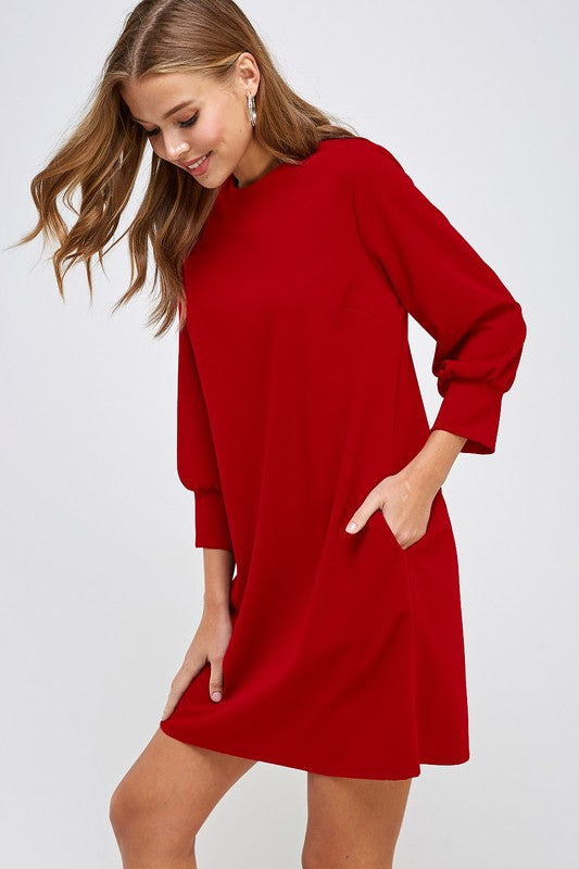 A woman wearing a timeless Vanilla Monkey solid shift dress with pockets and long sleeves.