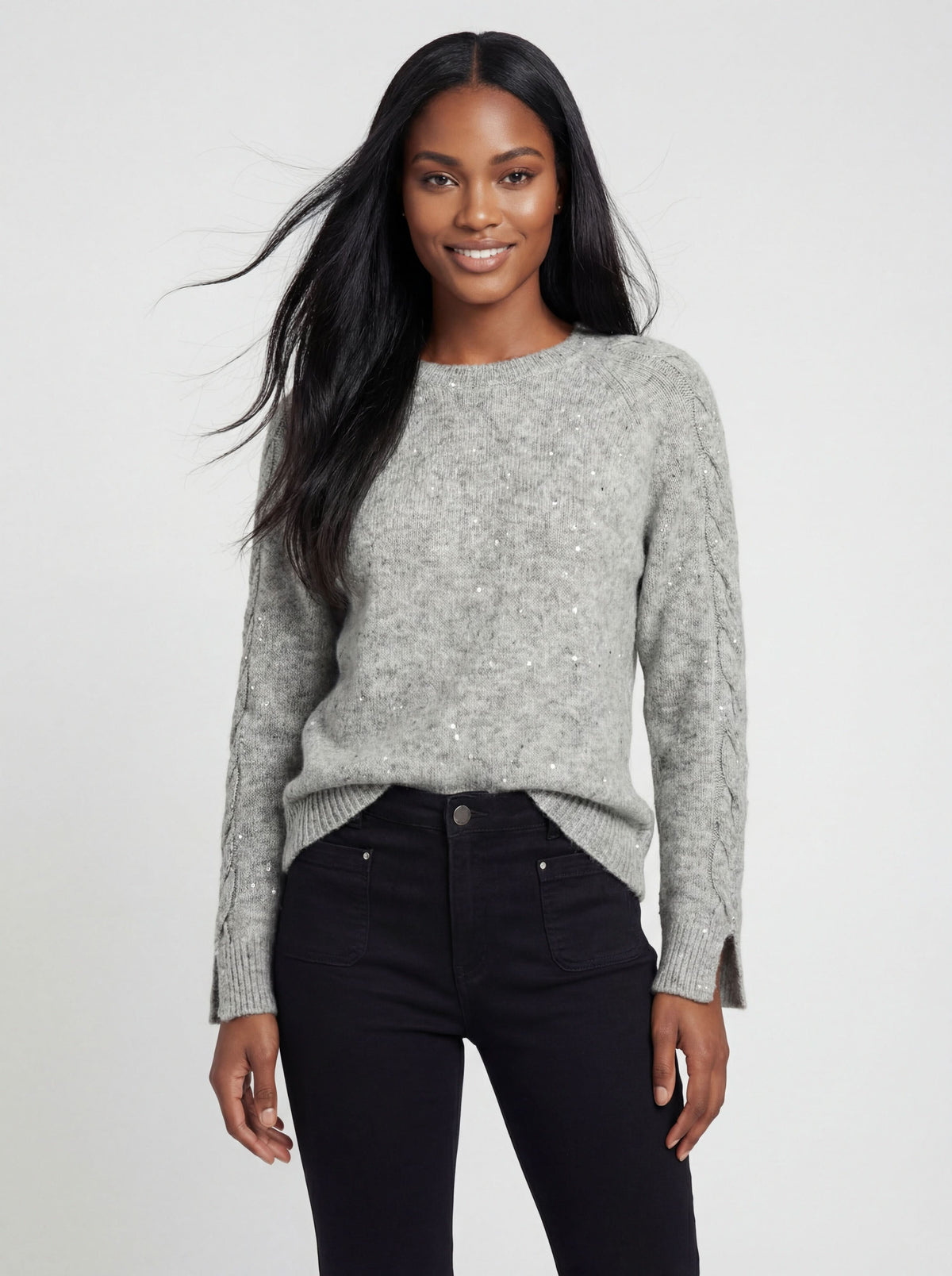 CoCo Y Club silver grey crew-neck sweater with crystal embellishments and cable-knit sleeves