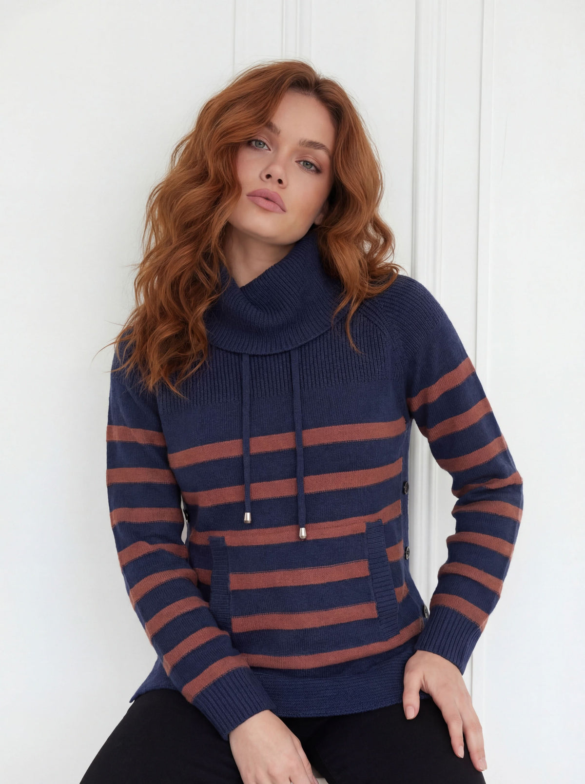 CoCo Y Club navy and cinnamon striped cowl neck sweater for women