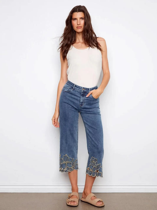 Cropped Wide Leg Jeans With Floral Embroidery