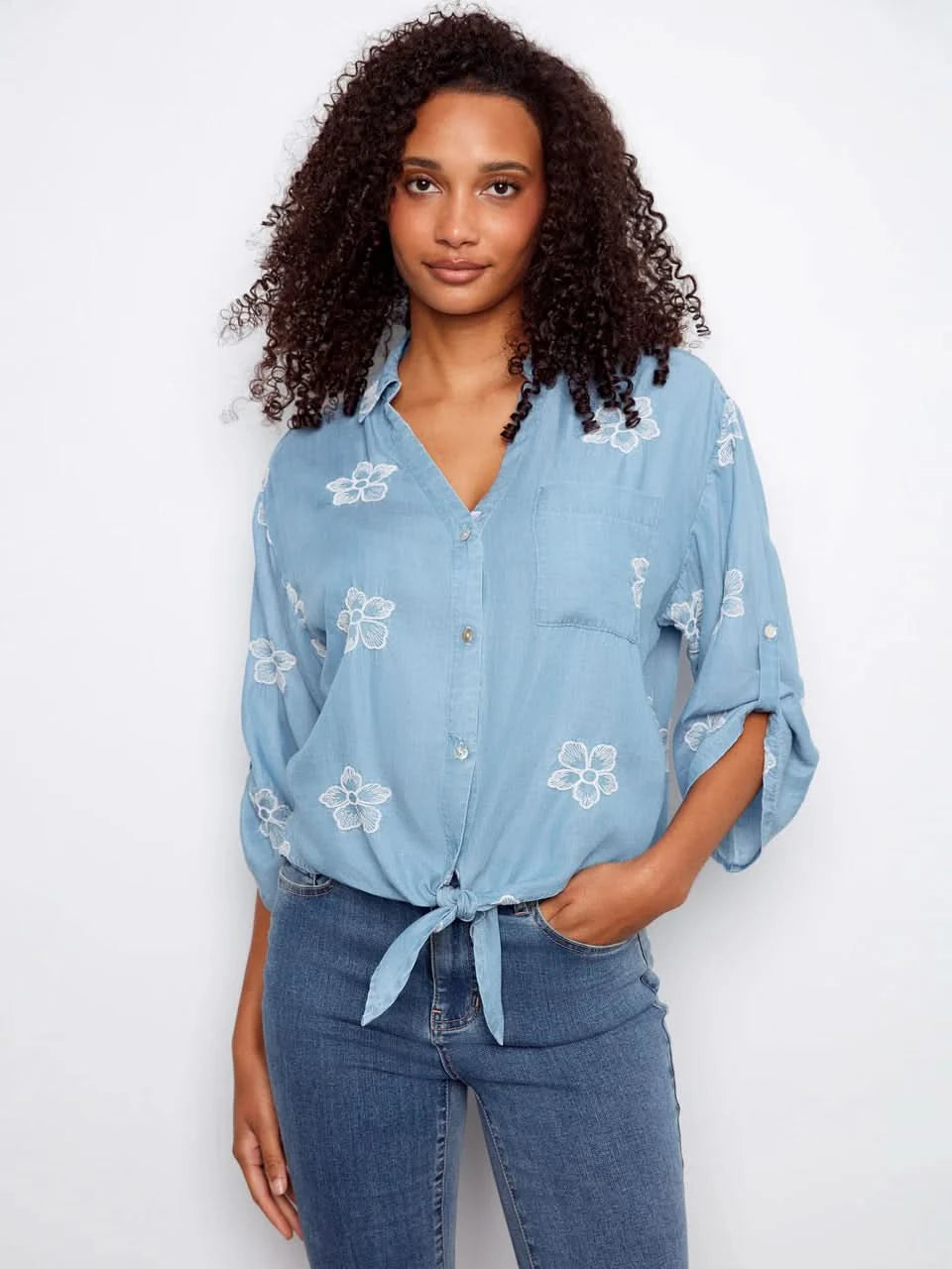 Embroidered Tencel Blouse With Front Tie