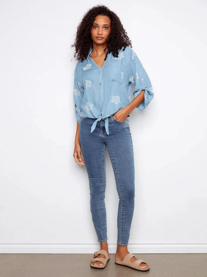 Embroidered Tencel Blouse With Front Tie