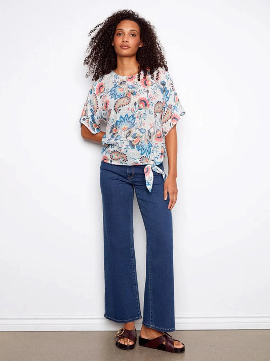 Printed Cotton Gauze Blouse With Side Tie