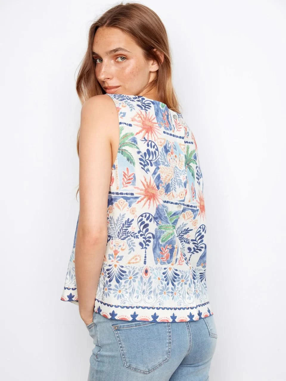 Printed Linen Blend Blouse With Back Button Detail