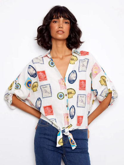 Printed Linen Blend Front-Tie Blouse