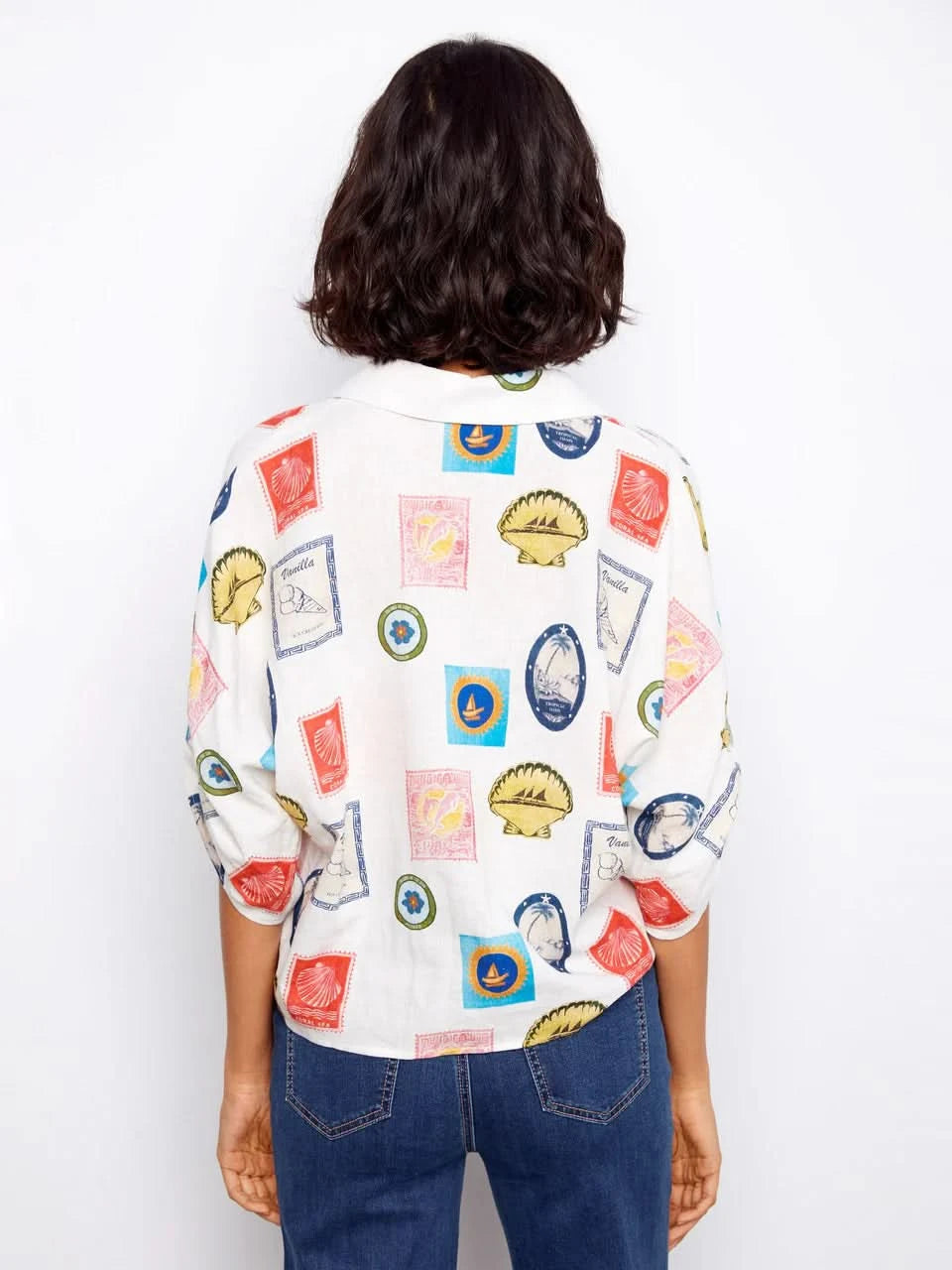 Printed Linen Blend Front-Tie Blouse