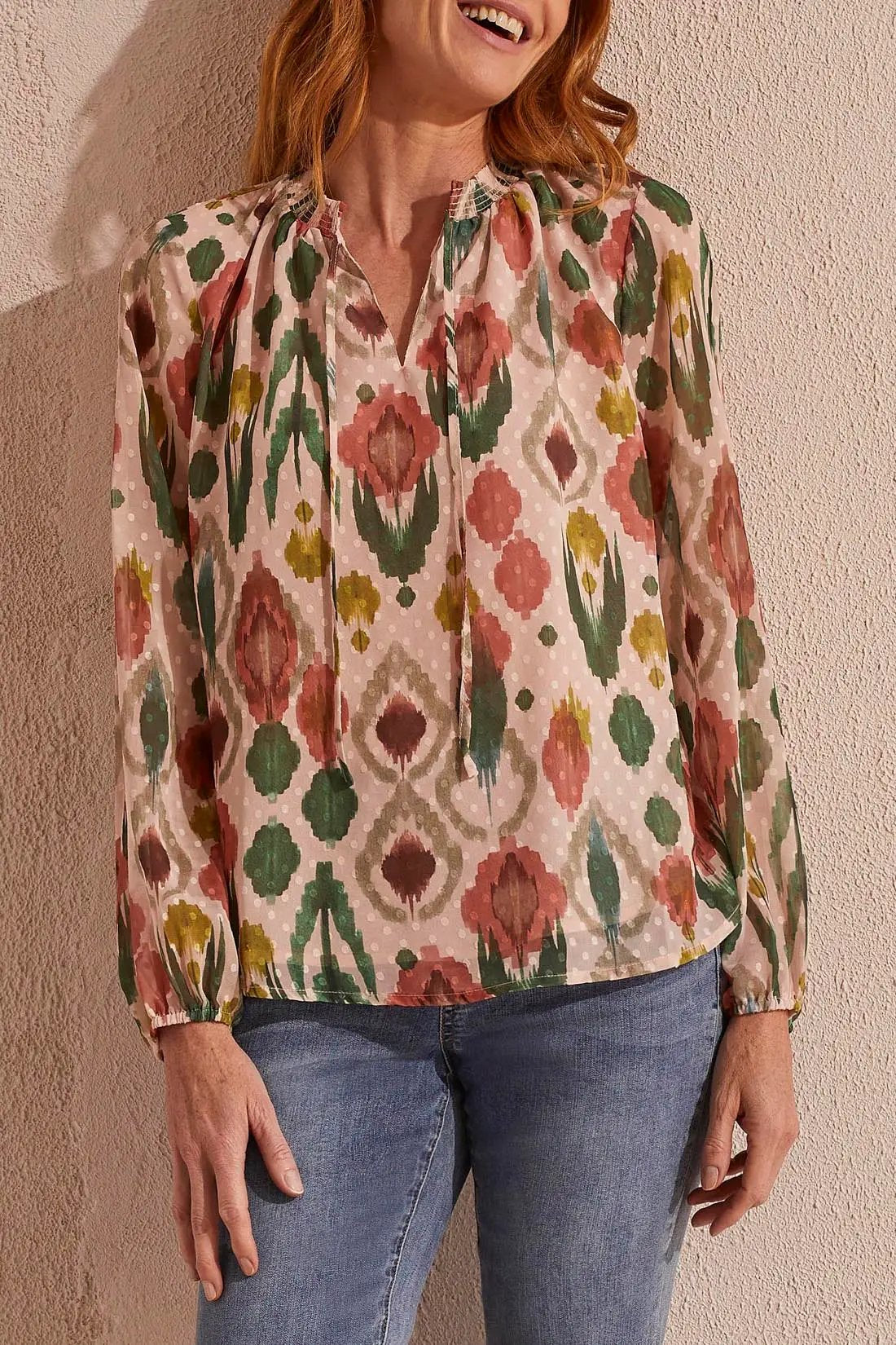 Flowy Swiss Dot Chiffon Blouse Tribal Strike The Pose