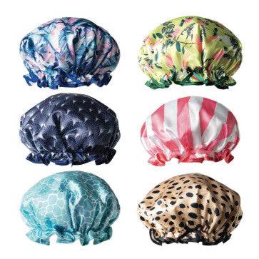 A set of six Lemon Lavender waterproof shower caps in various colors.