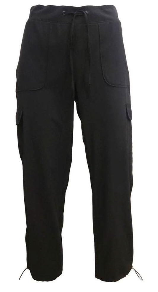 The Point Zero Cargo Capri features a relaxed fit, front patch pockets, side flap pockets, a drawstring waist, and adjustable hems.