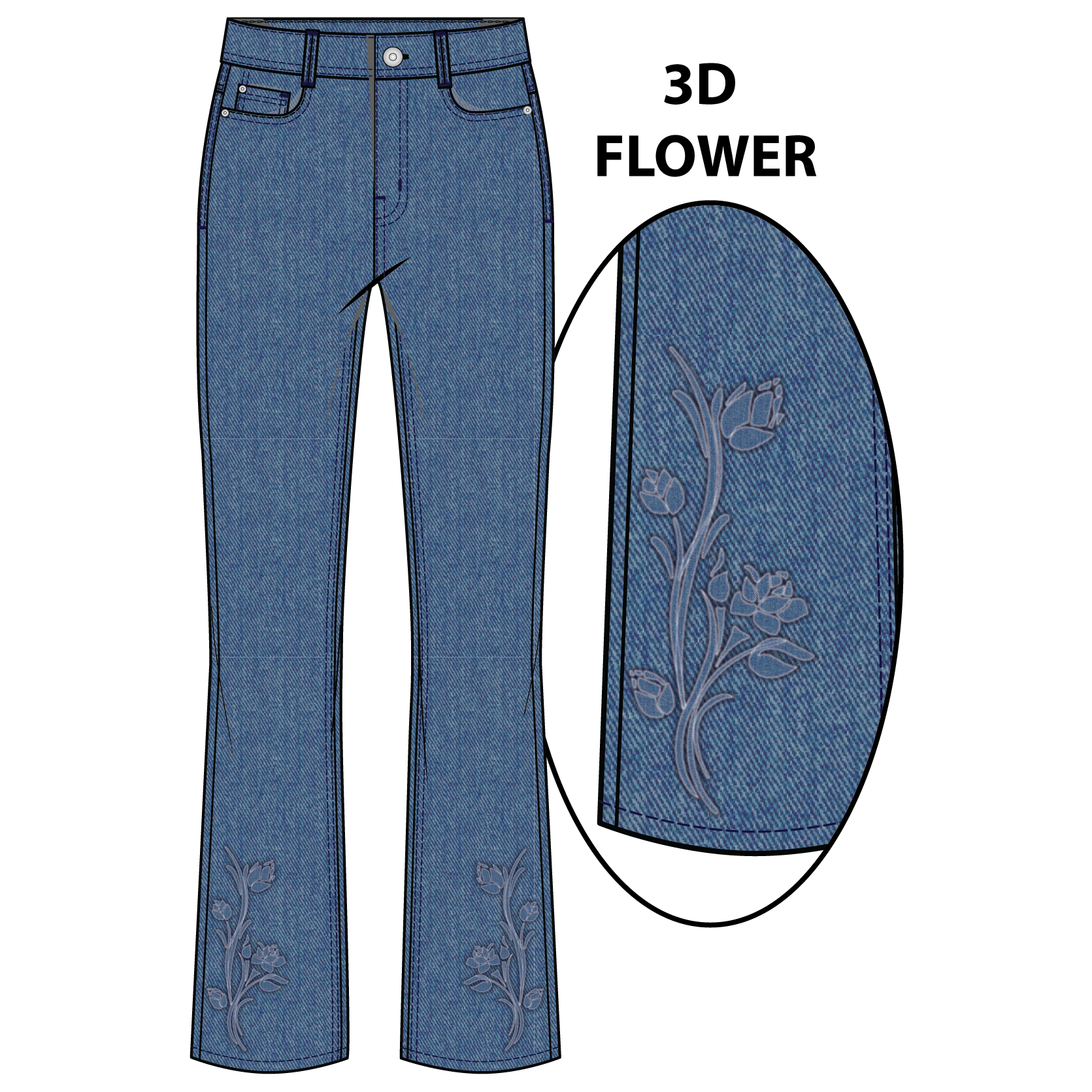 A woman in a gray ribbed turtleneck sweater, Tribal AUDREY FLARE JEANS featuring a floral hem design, and brown suede ankle boots.