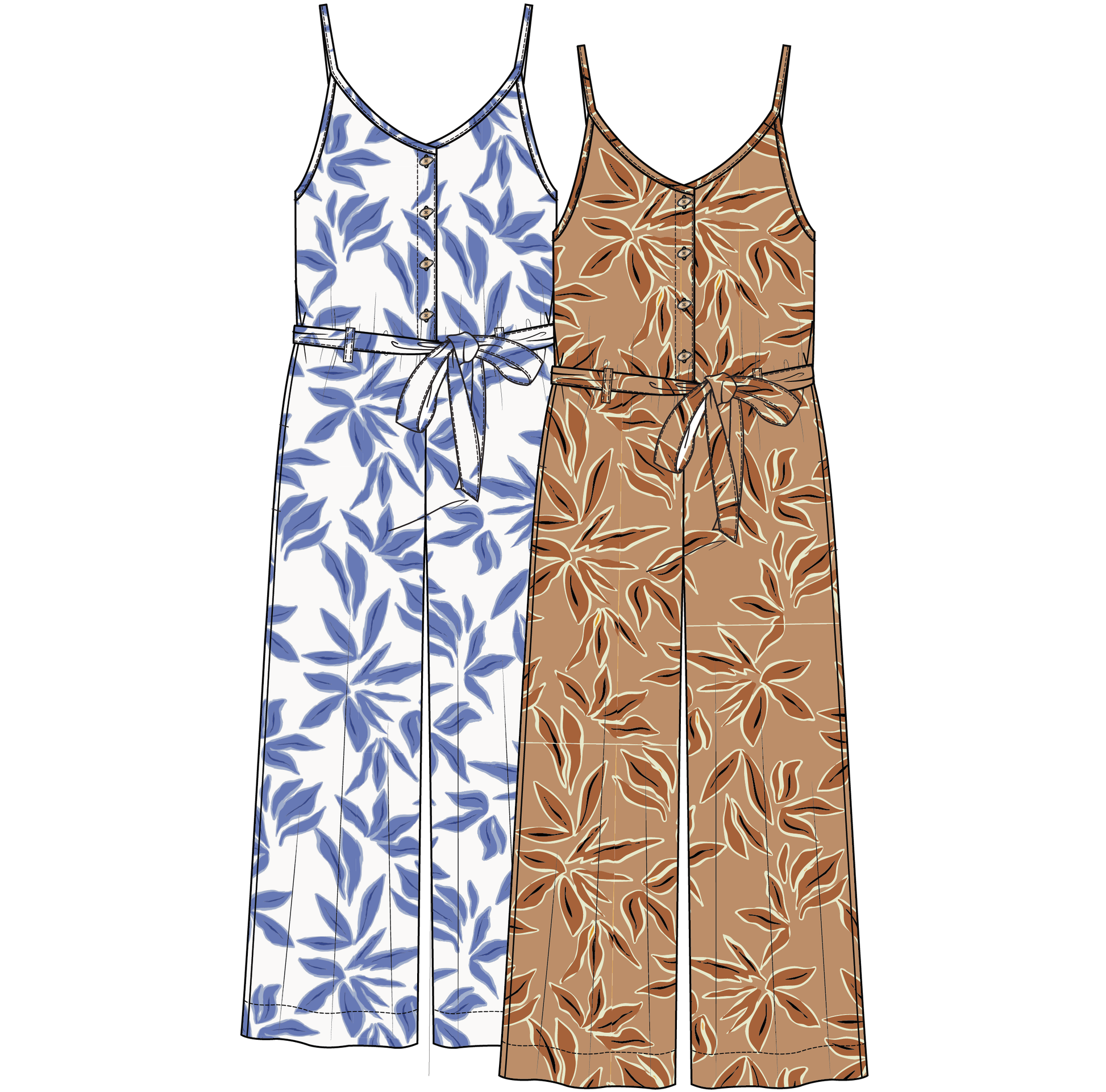 A woman models the Tribal Blue Flowy Jumpsuit, a sleeveless cotton style with blue leaf prints, button front, and a tied waist, standing indoors against a light background to showcase its chic silhouette.