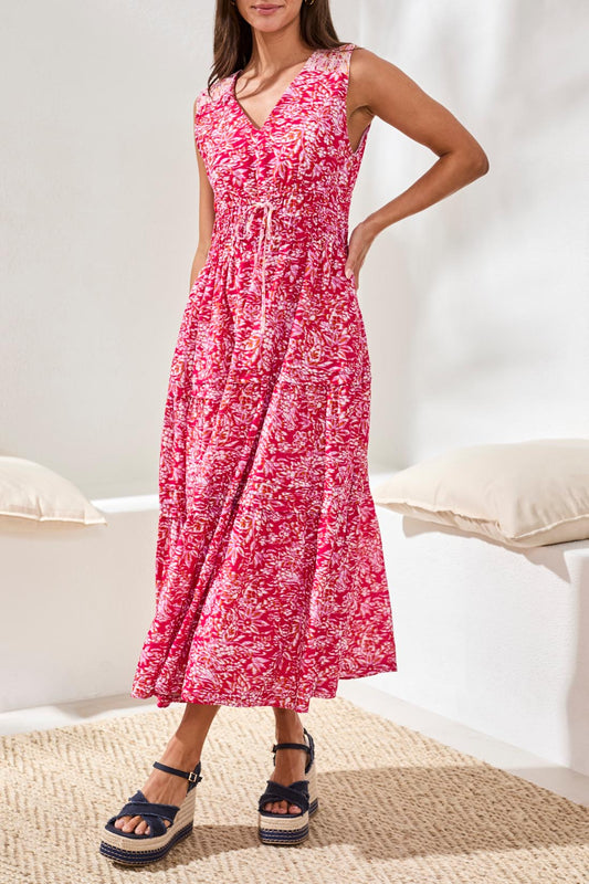 LINED POPLIN MAXI DRESS WITH DRAWCORD WAIST