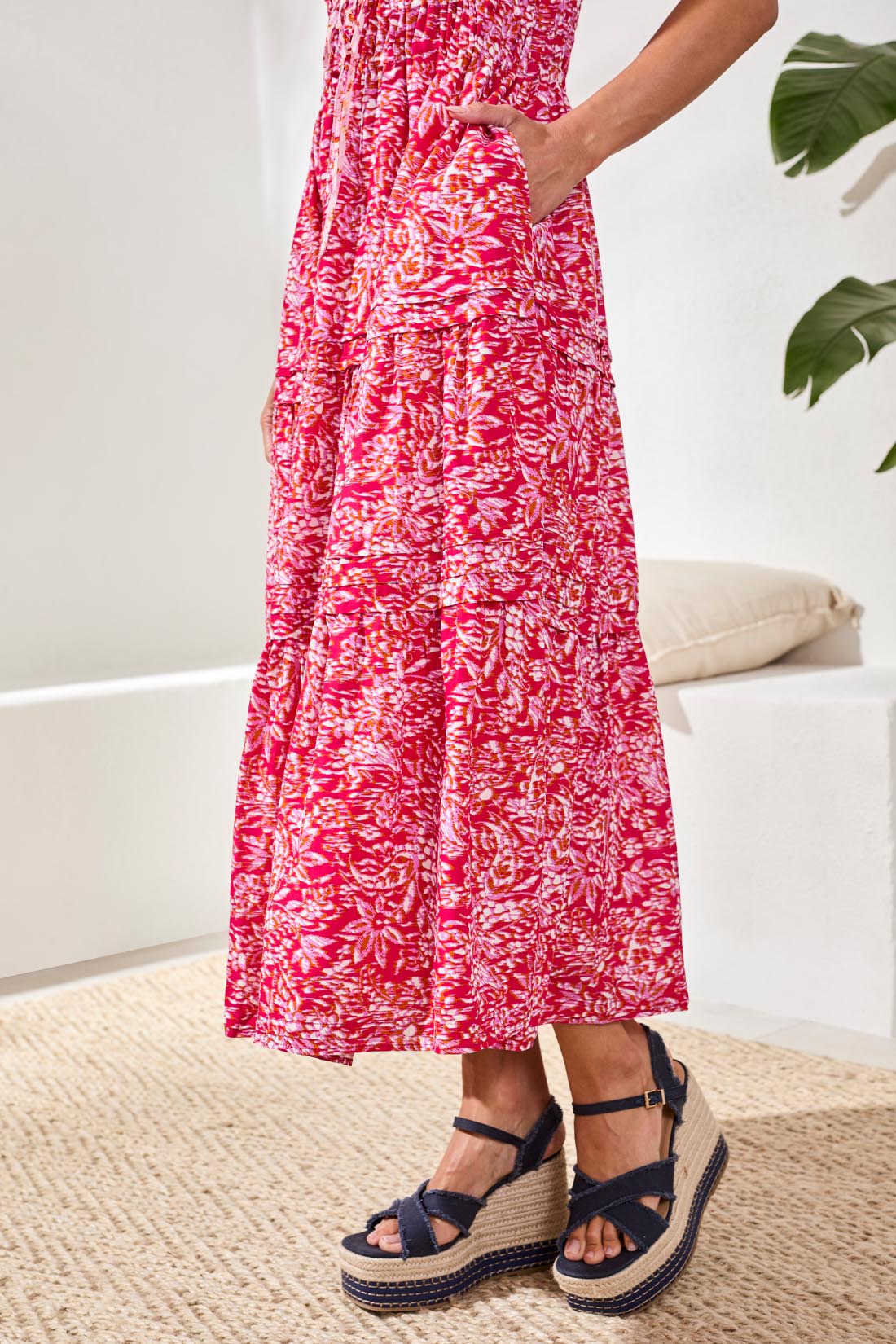 LINED POPLIN MAXI DRESS WITH DRAWCORD WAIST