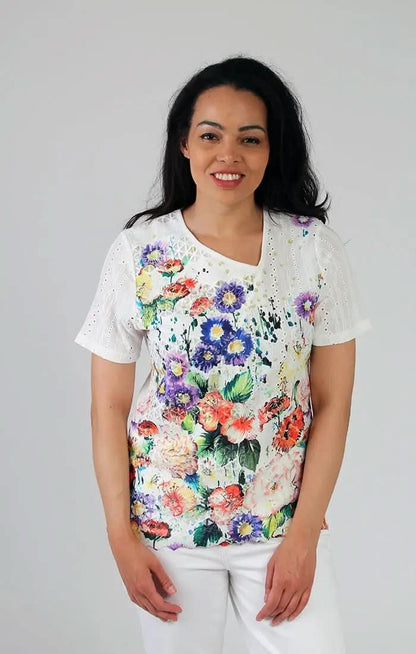 Garden Print Eyelet Knit Top Fresh FX Strike The Pose