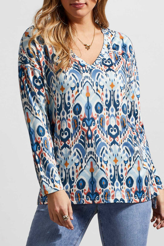 The model is wearing a fashion-forward Tribal V Neck Tunic With Side Slits.